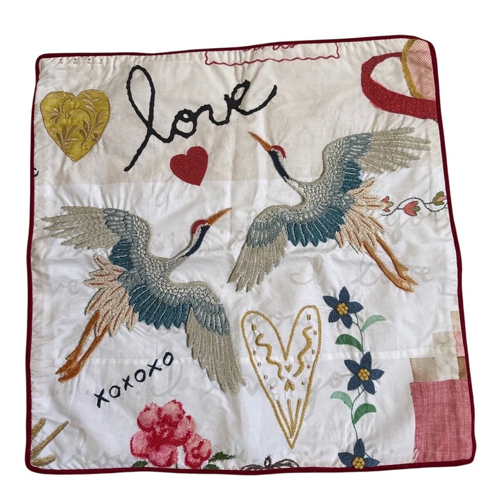 Pottery Barn Crane Heart Embroidered Velvet Pillow Cover 20x20 Flaw